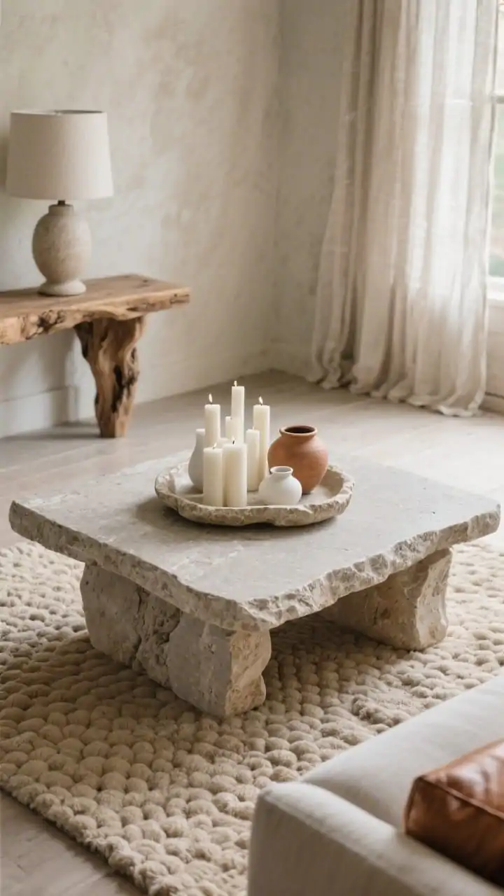 Overhead detail shot, Organic Stone & Soft Neutrals Sanctuary: a low-profile stone-top coffee table on a thick hand-tufted oatmeal rug; styled with a carved stone tray holding a cluster of pillar candles, chalky white and clay-toned pottery, and the corner of a natural-edge solid wood console visible at frame edge; hints of warm greige limewashed wall and layered window treatments (sheer plus heavier linen) in background blur; textures of chenille (sofa edge visible), travertine lamp base peeking in, raw wood grain, textured rug; palette of greige, oat, clay, caramel leather, natural stone; photorealistic, soft diffuse daylight for a calming, earthy mood.