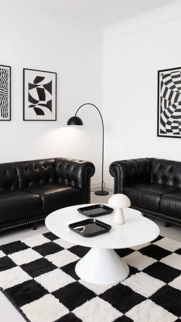 Overhead detail shot, Retro Monochrome Mod: A crisp checkerboard rug fills the frame with a white tulip coffee table centered; portions of a modular black leather sofa with 70s tufting border the scene; on the table, glossy lacquer trays reflect a mushroom lamp nearby; two black-and-white op-art prints partially visible on a bright white wall edge; a black arc floor lamp casting a curved shadow; pure black and white with high-gloss finishes; bright, punchy lighting; photorealistic.