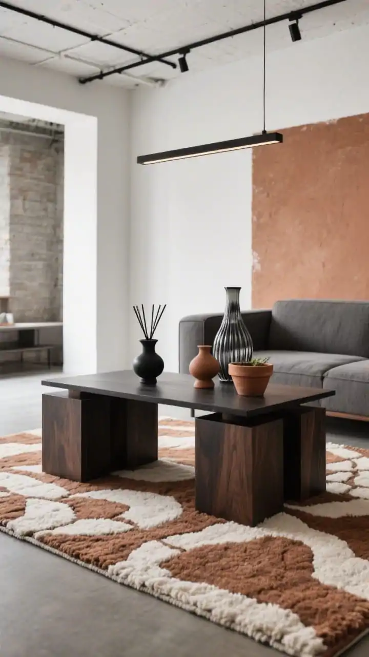 Overhead detail shot: “Terra & Charcoal Loft Balance” coffee table and rug vignette. A hand-tufted rug in abstract clay-and-ivory patterns beneath cube side tables in dark-stained ash. The edge of a boxy, low heather-gray sofa visible. On the table: earthy ceramics, a matte-black incense holder, ribbed glass vases, and a terracotta planter. Background glimpses of a clay-painted feature wall against warm white walls, exposed black track lighting lines overhead, and a linear pendant above the coffee table echoing loft symmetry. Moody yet grounded; photorealistic, no people.