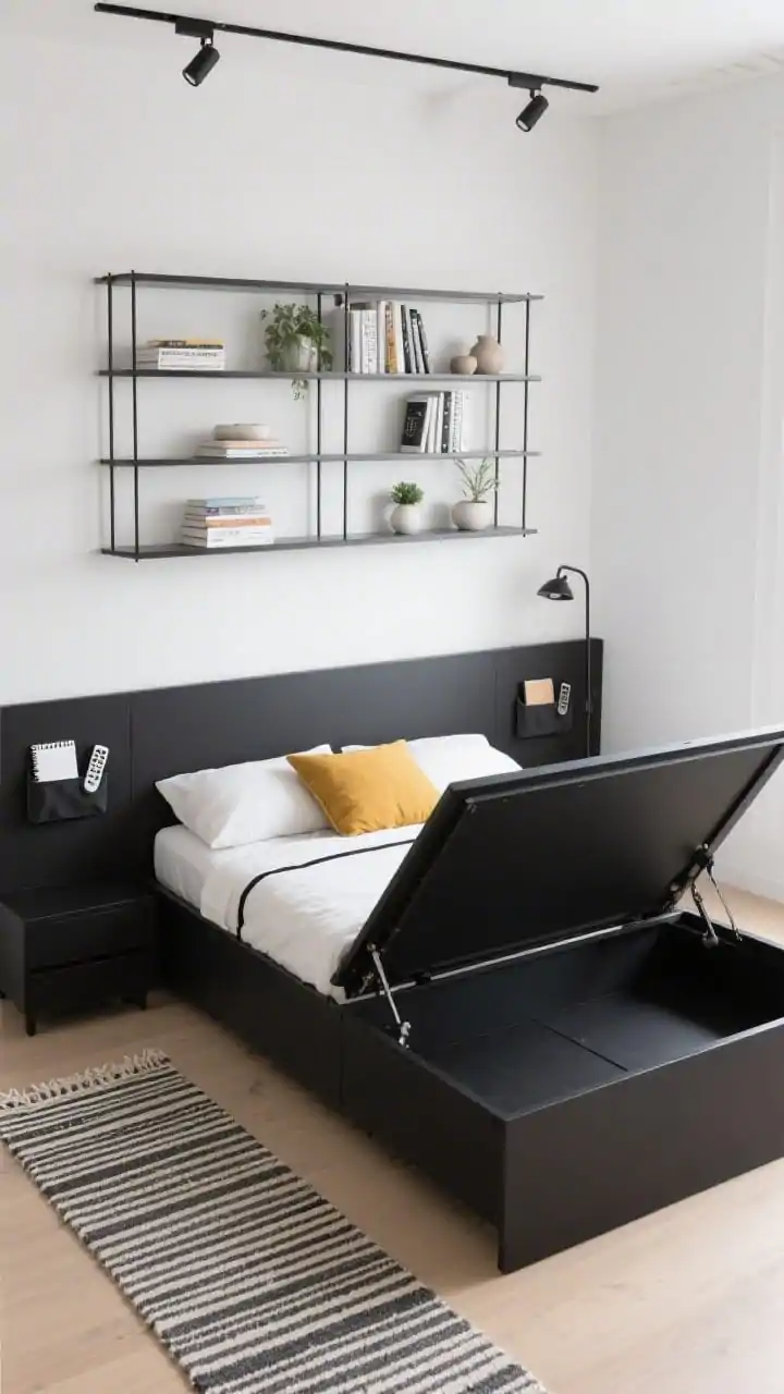 Overhead/oblique top-down detail of a modern utility setup: matte black storage bed with lift-up platform partially open to reveal hidden storage, bedding in white with crisp black piping and a single mustard lumbar pillow. Behind the bed, a wall-color–matched metal grid shelving unit styled lightly with horizontally stacked books, minimal ceramics, and a few small plants serving as a headboard. Bedside caddies clipped to the frame hold a notebook and remote; track lighting with adjustable heads washing the wall; stripe flatweave rug running parallel to the bed elongating the space; clean, ordered, graphic look, photorealistic.