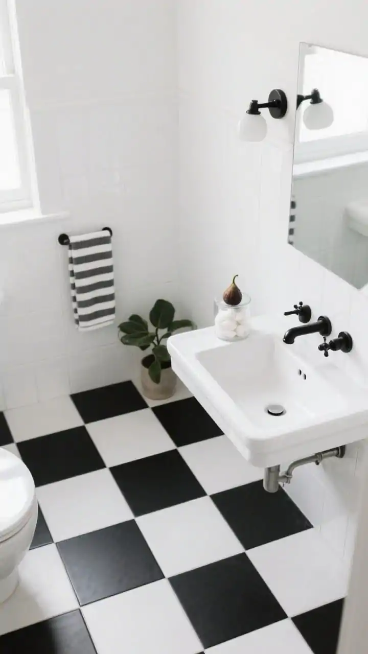 Overhead partial room shot, photorealistic: A playful yet spacious small bathroom showcasing a large-scale black-and-white checkered floor in oversized tiles, with large white satin wall tiles kept simple to let the floor dominate. Include a slim wall-hung sink, a minimal sconce pair, and matte black faucets. Styling: a single stripe towel, a small fig plant on a ledge, and a glass canister with cotton rounds. Bright, clean lighting to emphasize the bold pattern, no people.