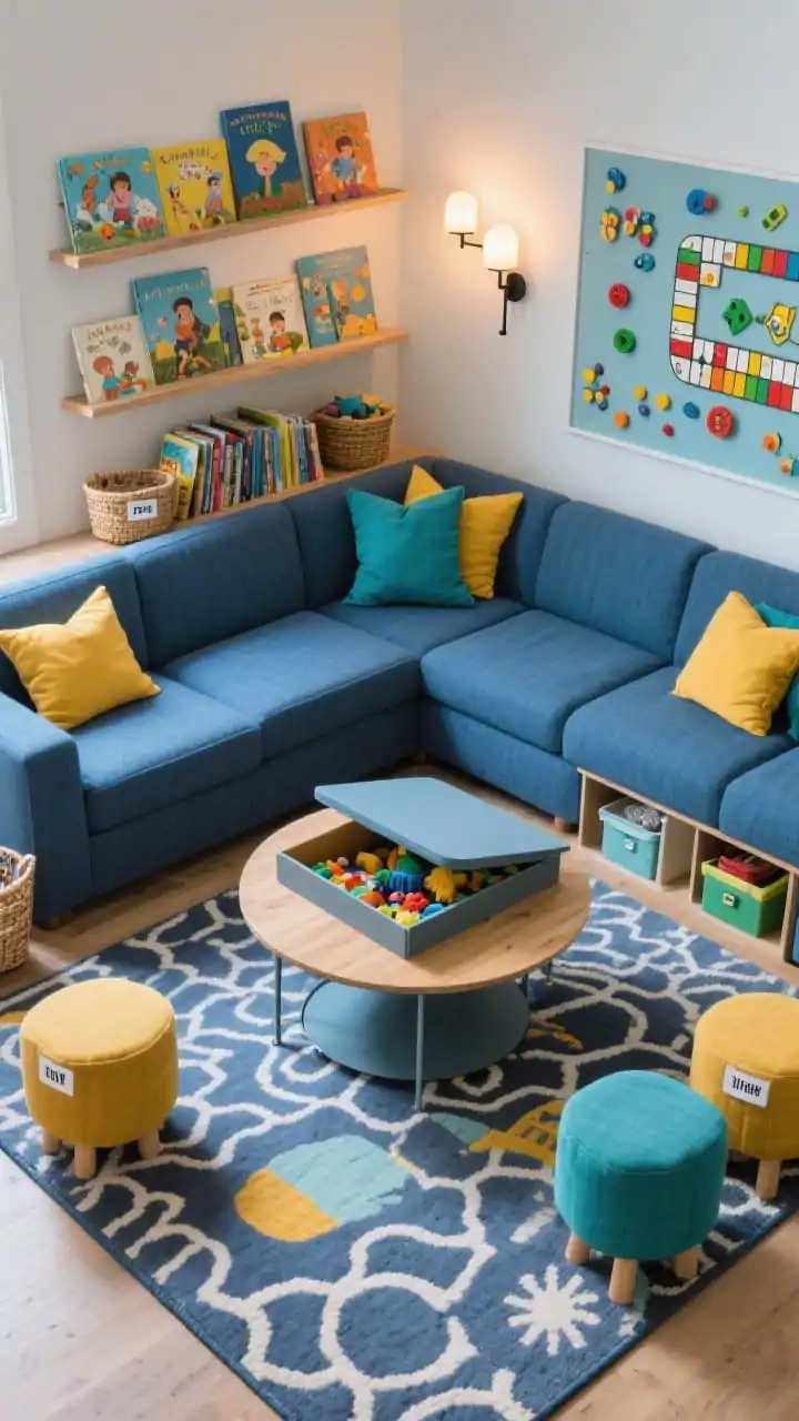 Overhead shot, Playful Family Hub with Performance Fabric: a modular, kid-proof performance fabric sectional in cheerful slate blue arranged around a round, lift-top coffee table opened to reveal toy storage; washable patterned rug with family-friendly design; pops of mustard and teal pillows; low book ledges along the wall filled with picture books; a magnetic game wall with colorful pieces to one side; dimmable sconces casting gentle evening light; accessories include labeled baskets and storage ottomans; textures: performance weave, washable cotton, powder-coated metal; palette: slate blue, mustard, teal, natural wood; photorealistic.