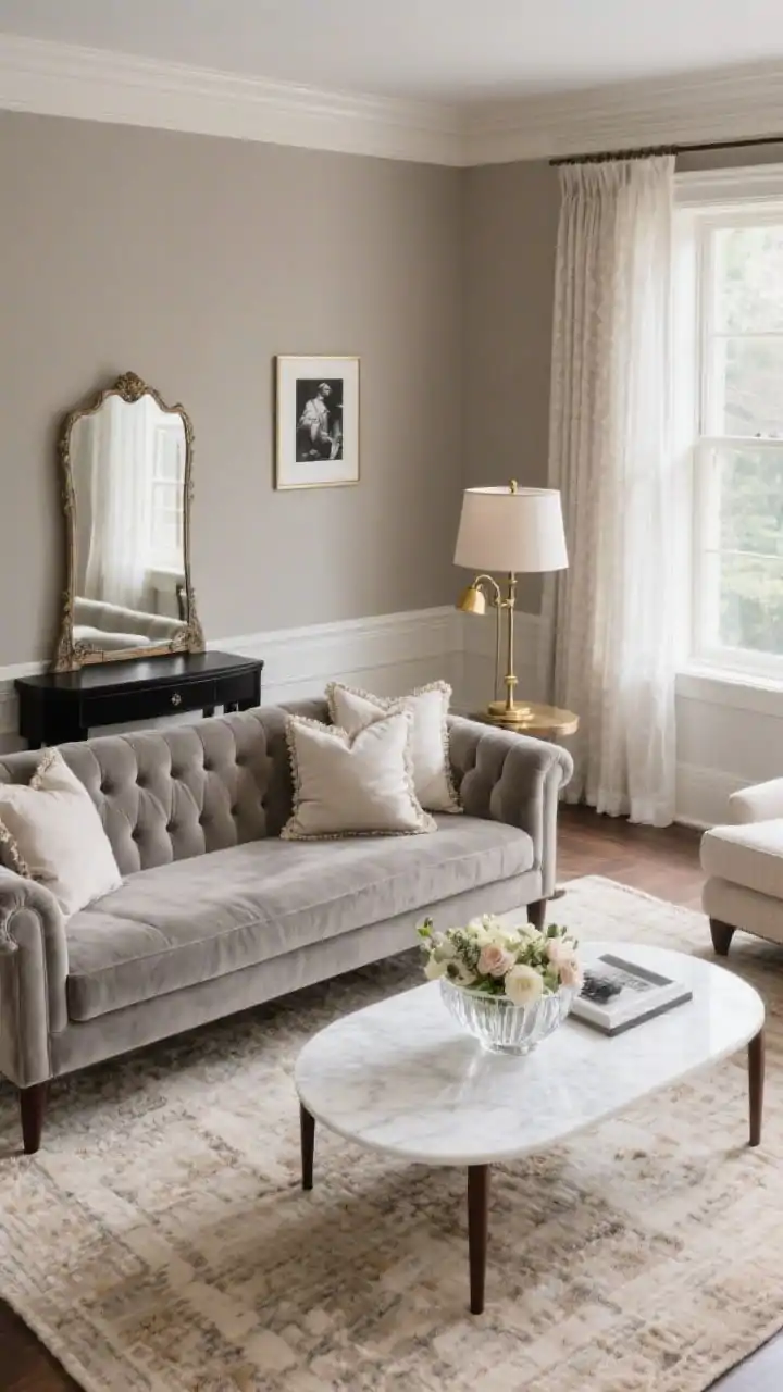 Overhead three-quarter angle (slightly elevated), contemporary classic living room: greige velvet sectional with tuftless bench seats, firm back cushions, and slim espresso wood legs facing a white marble-topped coffee table with softly rounded corners. Walls in taupe-greige with simple picture-frame molding. Lighting includes a brass swing-arm lamp on one side and a linen-shaded table lamp on the other; layered drapery (sheer plus lined) at the windows. Underfoot, a hand-knotted oatmeal rug with faint tonal patterning. Styling accents: silk-trim pillows, a crystal bowl with fresh blooms on the coffee table, framed black-and-white photography, and a classic black console with a vintage mirror beyond. Palette: greige, taupe, ivory, espresso, brushed brass. Refined, photorealistic.