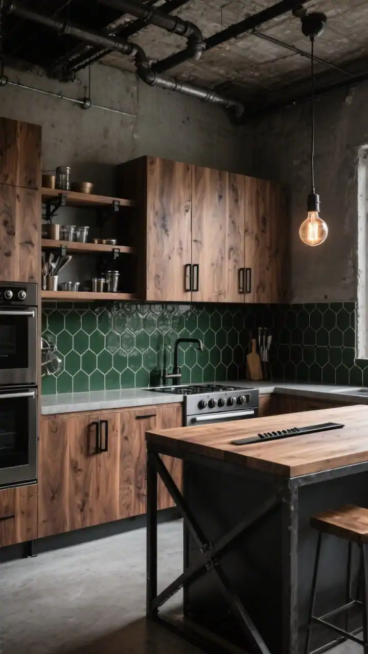 Photorealistic angled corner shot, industrial loft vibe: coffee-stained oak cabinets showing strong grain with black steel bar pulls, matte forest-green hex tile backsplash grouted in charcoal for graphic punch, concrete-look counters, exposed shelves with pipe brackets holding metalware, Edison bulb pendants, pro-style stainless appliances with chunky knobs, island with steel frame and butcher block top, blackened steel magnetic knife strip; moody ambient light with deep shadows.