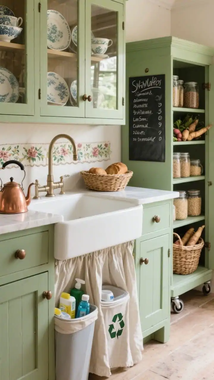 Photorealistic closeup detail of a cozy cottage sink zone: sage green cabinetry with cup pulls, a white farmhouse sink dressed with a custom linen skirt concealing recycling bins and cleaning supplies. Above, glass-front uppers display mismatched vintage china. In the background, a rolling larder cabinet on casters is partially open to show baskets of root vegetables, jars of grains, and a chalkboard inventory list with chalk labels. Include a floral runner edge, copper kettle glinting softly, and woven bread baskets. Warm, diffused daylight, tactile textures, straight-on tight framing.