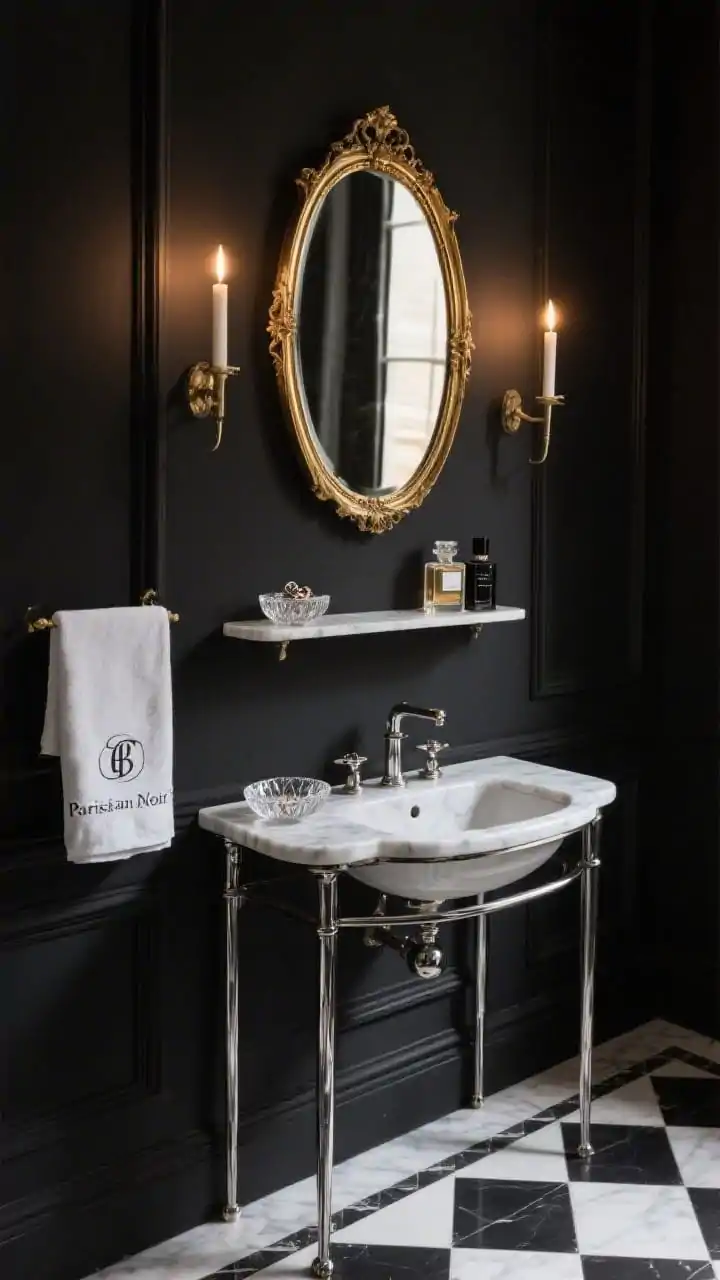 Photorealistic closeup detail of a “Parisian Noir” vignette: deep inky walls with classic panel moulding, a petite console sink with slender polished nickel legs and a delicate marble top. A gilded oval mirror above, flanked by slim candle-style sconces emitting warm light. Below, small black-and-white checker tiles (slightly off-white) visible at the edge. Style with a crystal dish for rings, perfume bottles, and a French linen hand towel with a subtle monogram on a wall-mounted petite shelf. Soft, elegant, Paris-apartment mood.