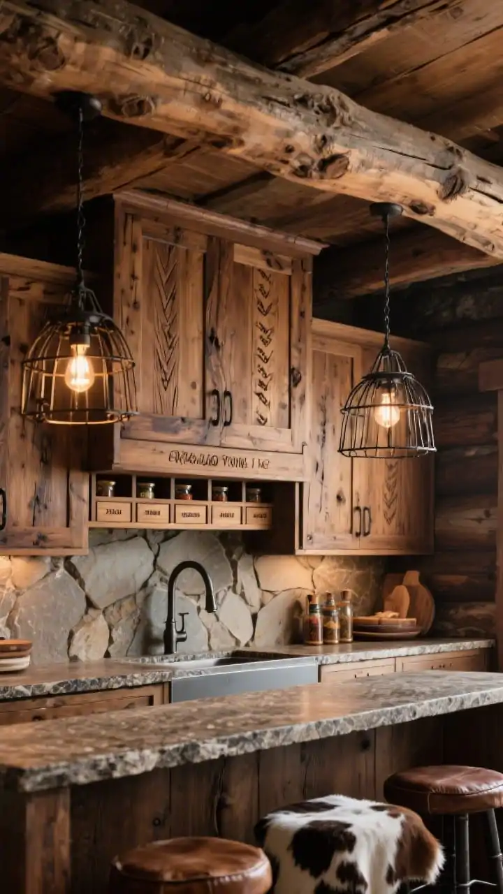 Photorealistic closeup detail of a Rustic mountain lodge overhead reclaimed wood beam above a prep zone; a dovetail-edged panel drops down to reveal a hidden spice cubby with petite wooden spice drawers labeled in burned-in script; knotty walnut cabinetry and leathered granite counter below; iron cage pendants cast warm pools of light; bridge faucet and cowhide stools softly blurred; palette of walnut, iron, umber, warm stone; texture-rich, cozy mood.