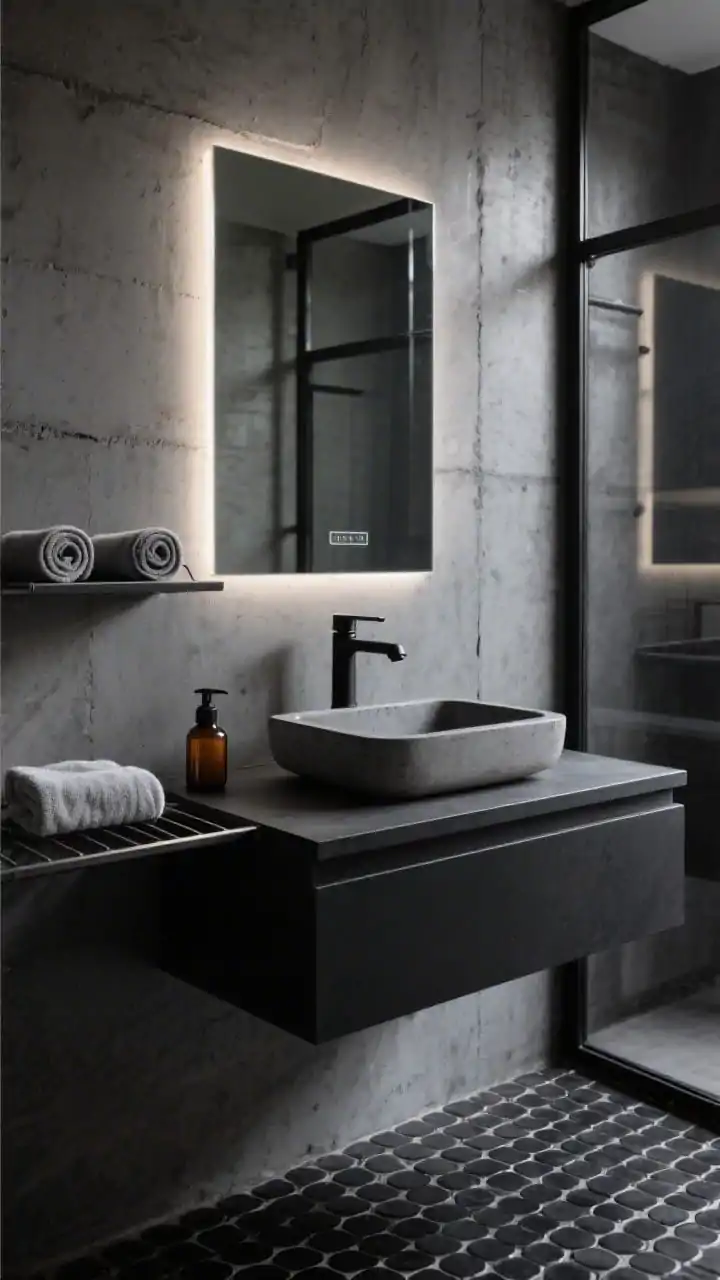 Photorealistic closeup detail of an “Industrial Charcoal” vanity zone: charcoal concrete-look wall, floating black vanity with a concrete vessel sink, brushed black steel faucet and hardware. A frameless mirror edged with a thin LED backlight casts a soft urban glow. Below, matte black penny tile floor with dark grout visible at the edge. Style with a steel shelf holding rolled towels and a matte amber soap bottle; include a glimpse of a black-framed glass partition if present. Gritty, sleek, low-reflection lighting.