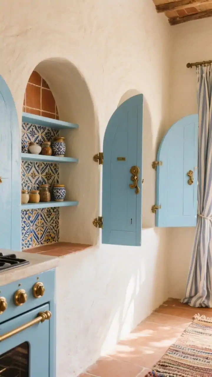 Photorealistic closeup detail of Mediterranean cottage arched plaster niches flanking a soft-blue range; each arch face is a hinged door opened to show shallow spice shelves lined in patterned Moroccan tile; creamy plaster walls and terracotta tile hints in the background; patinated brass latches and ceramic knobs visible; striped linen café curtains and a handwoven rug softly blurred; palette of cream, sky blue, terracotta, aged brass; warm, sun-washed light; shot from a slight side angle to highlight the curve and hinge.