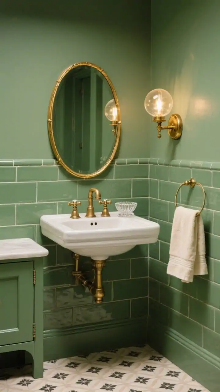 Photorealistic closeup detail of the vintage jewel box: glossy sage subway tiles with tight grout lines as backdrop; a gold-rimmed oval mirror and vintage-style brass faucet with matching cross handles mounted over a compact pedestal sink. Warm glow from a petite schoolhouse globe sconce reflected in brass. Edge of small-scale encaustic-look patterned floor in cream and charcoal visible at the bottom. Narrow wall cabinet painted to match sage tiles peeking in frame. Moss green hand towel, cream bath sheet, and a cut-glass soap dish. Cozy, saturated, luminous mood.