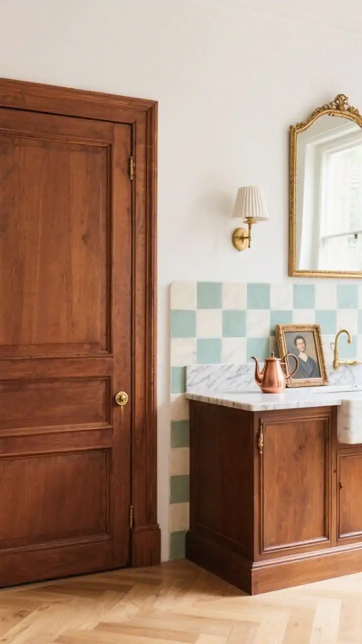 Photorealistic closeup detail, Parisian classic elegance: mahogany inset cabinet door with furniture-like foot and lacquered brass knob, small-scale celadon-and-cream checkerboard tile backsplash crisply aligned, statuary marble counter edge with soft veining, fluted sconce in frame beside a brass-rimmed mirror reflection, hint of light oak chevron flooring below, a copper kettle and small oil portrait leaning on the counter; soft morning light for refined charm.
