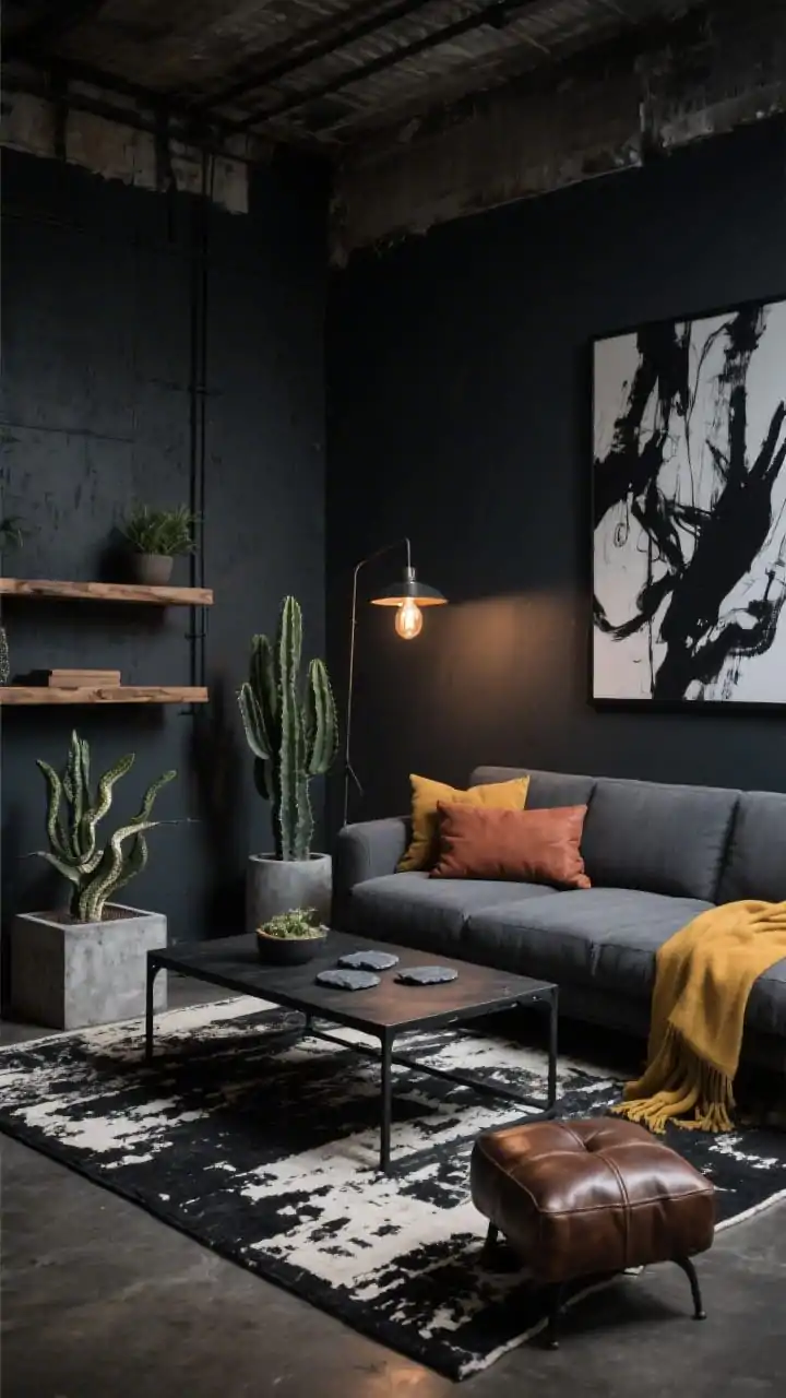 Photorealistic corner-angle medium shot, Moody Industrial Loft: a charcoal grey sectional anchored on a distressed black-and-ivory rug; black metal coffee table and raw-edged wood shelves; one wall painted deep graphite with a large abstract black-and-white canvas; floor lamp with an exposed bulb for industrial edge; textures include a leather ottoman, concrete planters, and slate coasters on the table; rust pillows and a mustard throw for color pops; snake plant and cactus adding sculptural greenery; evening moody lighting with strong shadows, urban loft vibe, no people.
