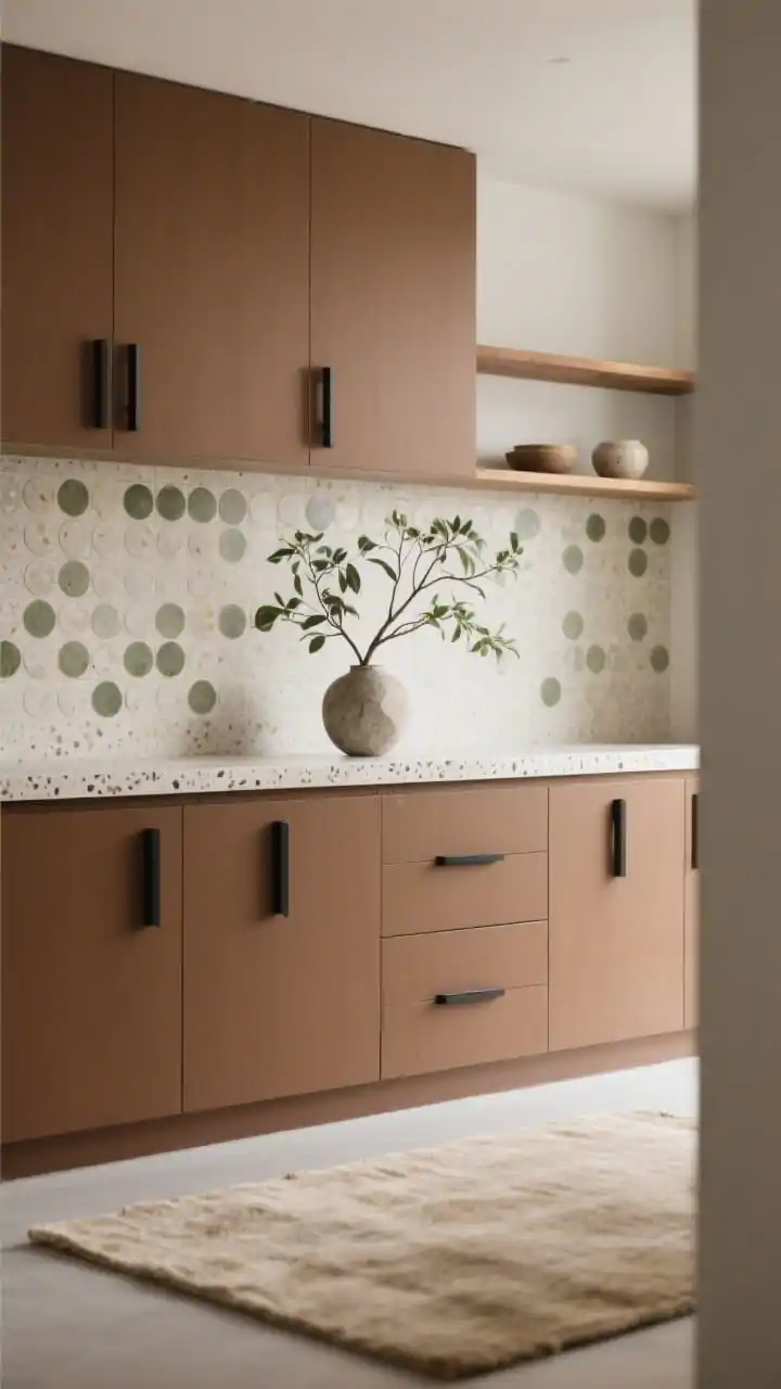 Photorealistic detail closeup at straight-on angle: cocoa-brown flat-front cabinets with seamless lines and matte black pulls meeting eucalyptus-toned penny round tile backsplash, pale terrazzo counter edge visible with subtle aggregate, a single branch in a stone vase casting a calm shadow, floating ash shelf above with minimal ceramics, oatmeal low-profile rug blur in foreground; soft diffuse natural light for a serene Japandi mood.