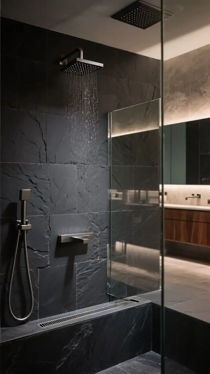 Photorealistic detail closeup emphasizing moody textures: matte charcoal slate tiles with subtle cleft texture, a single sheet of smoked glass edge defining the shower, and gunmetal fixtures square ceiling-mounted rain head, minimalist mixer, ultra-thin linear drain aligned beneath. Reflections from a softly glowing backlit mirror and warm walnut vanity just out of focus. Dim-to-warm LED ambiance for a dramatic evening shower vibe. Palette: charcoal, smoke, gunmetal, walnut. No people.