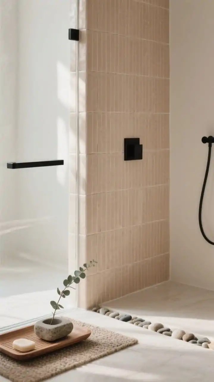 Photorealistic detail closeup from a corner angle focusing on vertical ribbed ceramic tiles in pale clay, with soft natural light grazing the texture. In frame: the edge of a single glass shield (no door), matte black hardware, a slim wood-look shower tray, and a pebble mat for subtle foot-massage texture. Minimal Japandi styling: a stone soap dish and a single eucalyptus stem on the tray. Color palette: sand, oat, matte black, soft white. Calm, spa-like mood, no people.