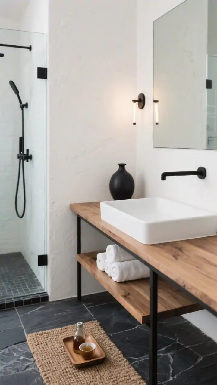 Photorealistic detail closeup, Japandi Calm with charcoal contrast: textured charcoal slate floor tiles meeting a soft white micro-plaster wall; natural ash wood vanity edge with thin black steel base visible; rectangular white vessel sink corner; open ash wood shelf styling rolled white towels and a single matte black ceramic vase; low linear black bar sconce glow reflected on a frameless mirror edge; clear glass shower panel with minimal black hardware in soft focus; cedar bath mat and small tray with tea bottles; serene, boutique retreat lighting.