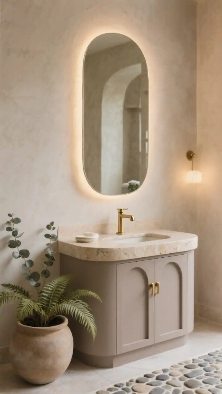 Photorealistic detail closeup of the spa-organic materials: focus on a rounded rectangle mirror reflecting warm greige limewashed walls for subtle movement; foreground shows a beige stone-look rounded vanity top on a light taupe cabinet with arched pulls. Include brushed brass faucet/accents softly glinting. Pebble-look porcelain floor visible at the bottom edge. A low, wide pot with a fern and a few eucalyptus sprigs nearby. Soft, warm ambient lighting like a hotel spa; textures of stone tones and natural fibers feel grounded and serene.
