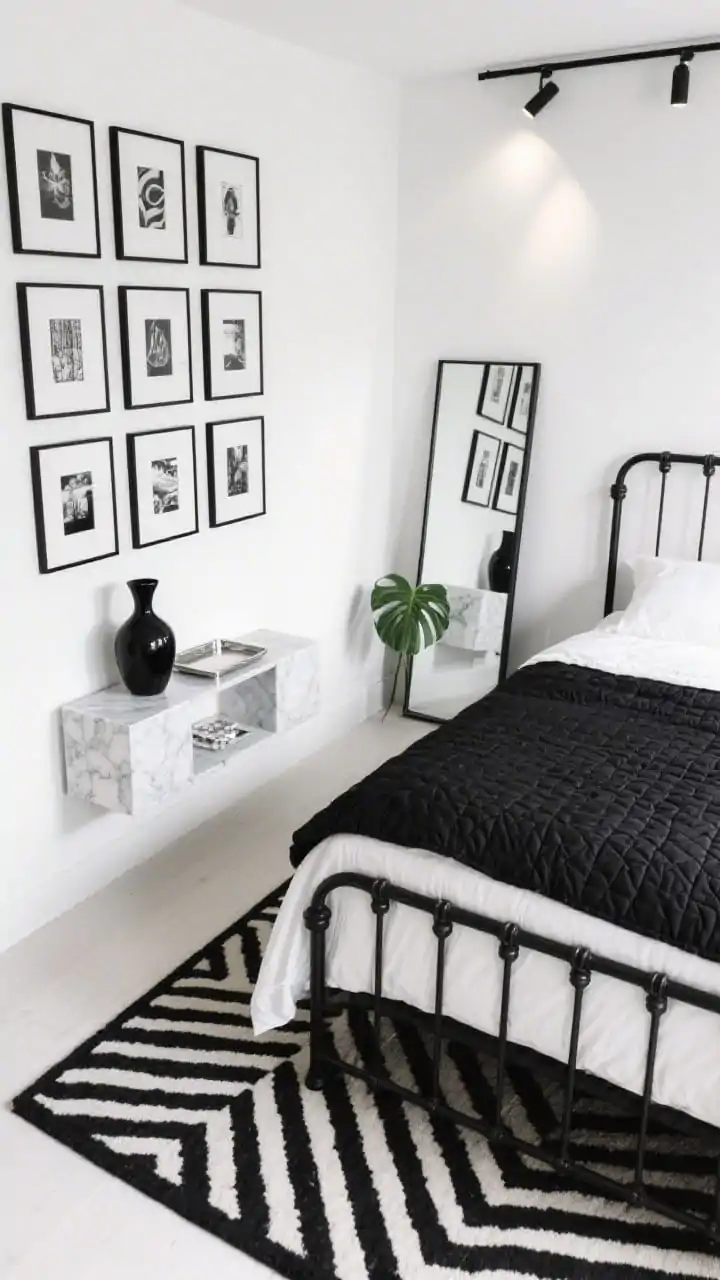 Photorealistic detail closeup, overhead angle focusing on “Graphic Monochrome” textures: bright white wall backdrop, corner of a black metal or spindle bed with crisp percale sheets and a black quilt; a high-contrast geometric/checkerboard rug beneath; wall-mounted cube shelf with a chrome tray, marble coaster, and a sculptural black vase; tight grid of black-and-white frames just in frame edge; minimal track light raking across the art for gallery-like highlights; a hint of a slim leaning mirror edge and a single green plant pop for contrast; crisp, bold, clutter-free composition.
