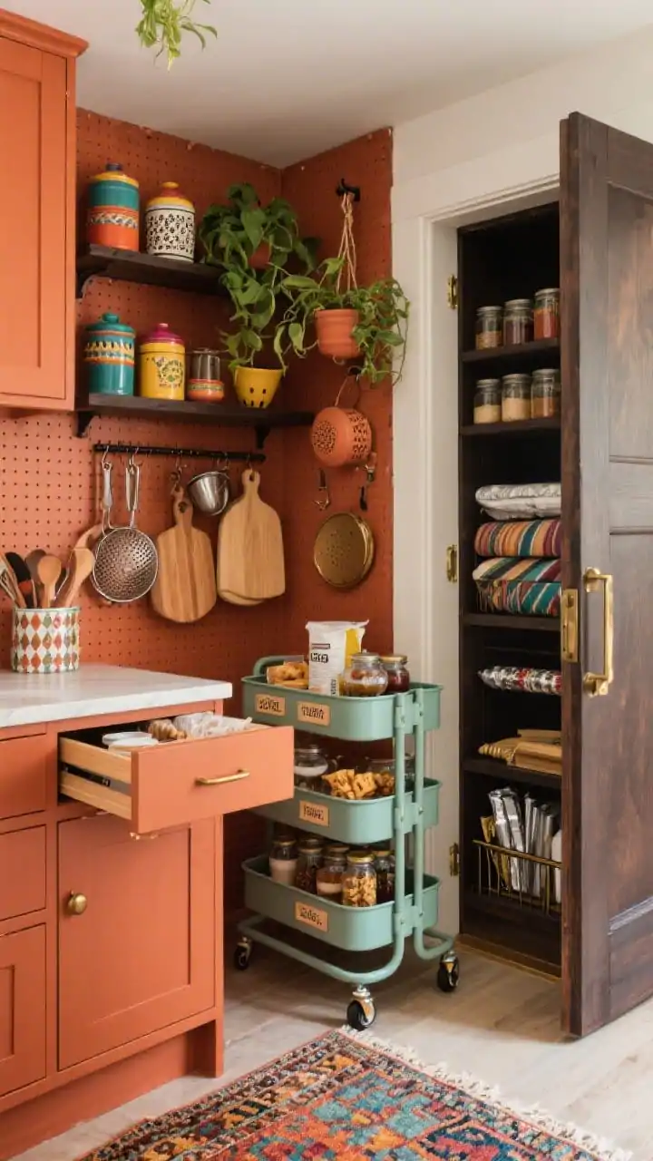 Photorealistic detail/medium combo of an eclectic boho wall: terracotta cabinetry, dark-stained open shelves with colorful ceramic canisters and hanging plants. The back wall is a full custom pegboard painted terracotta, styled with shelves and hooks displaying colanders, measuring cups, cutting boards, and utensils like a functional gallery. In the foreground, tiered rolling carts are neatly labeled and staged as mini stations for snacks, baking supplies, and tea fixings; a deep drawer open to show horizontal spice jars in custom inserts; a narrow rack inside a pantry door with wraps and foils. Patterned rug on the floor, brass accents, lively natural light, slight corner angle.