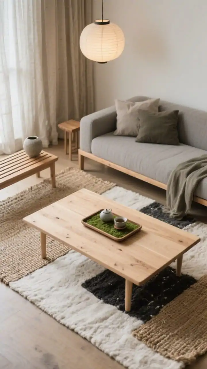 Photorealistic detail overhead shot, Earthy Japandi Serenity: a light ash wood coffee table surface styled with a shallow tray and a tea set; palette of moss, sand, and charcoal accents around it; edges reveal a low-profile grey sofa with bench cushions; layered natural jute rug over a thinner cotton rug providing depth; teak slat bench used as a side table with stoneware vessels; a hint of a paper lantern pendant’s soft glow reflected in the scene; linen curtain texture blurred in background; calm, zen, soft diffused lighting, no people.