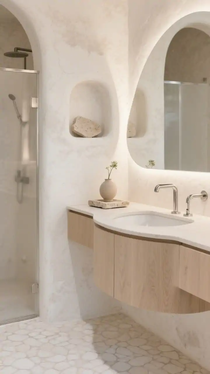Photorealistic detailed closeup focusing on organic modern textures and curves: ivory limewash wall with cloudy, hand-finished texture as backdrop to a curved, wall-hung light ash vanity with a rounded integrated sink. Brushed stainless faucet, a gentle arch niche holding a travertine tray and a ceramic bud vase, and a soft LED cove light under the vanity washing the creamy tumbled porcelain floor. Include a hint of the rounded shower enclosure with slim metal trim out of focus. Soft, warm, diffused lighting that emphasizes curves.