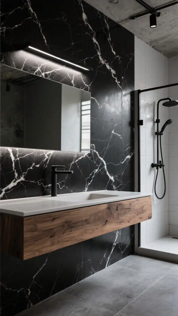 Photorealistic dramatic detail shot, Urban Loft with moody marble: close view of a vanity wall clad in black marble with striking white veining, light grazing from a slim black track with adjustable heads; edge of a chunky oak vanity with visible grain and flat modern profile; concrete-look porcelain floor texture in foreground; glimpse of shower feature wall continuing the black marble contrasted by adjacent white tile; industrial black faucet and exposed valves partially visible; high-end, moody loft atmosphere with focused highlights and deep shadows.