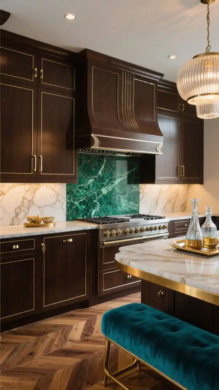 Photorealistic dramatic medium shot, art deco glam focal wall: espresso-stained inset cabinets with slim molding and polished nickel hardware, full-height slab of malachite-green marble backsplash to the ceiling with bold veining, calacatta gold counters, ribbed glass pendant glowing above, range hood clad in espresso with nickel trim, smoked glass decanters styled on a tray, herringbone walnut flooring, a peek of teal velvet-upholstered bench; controlled spotlighting for luxurious sheen.