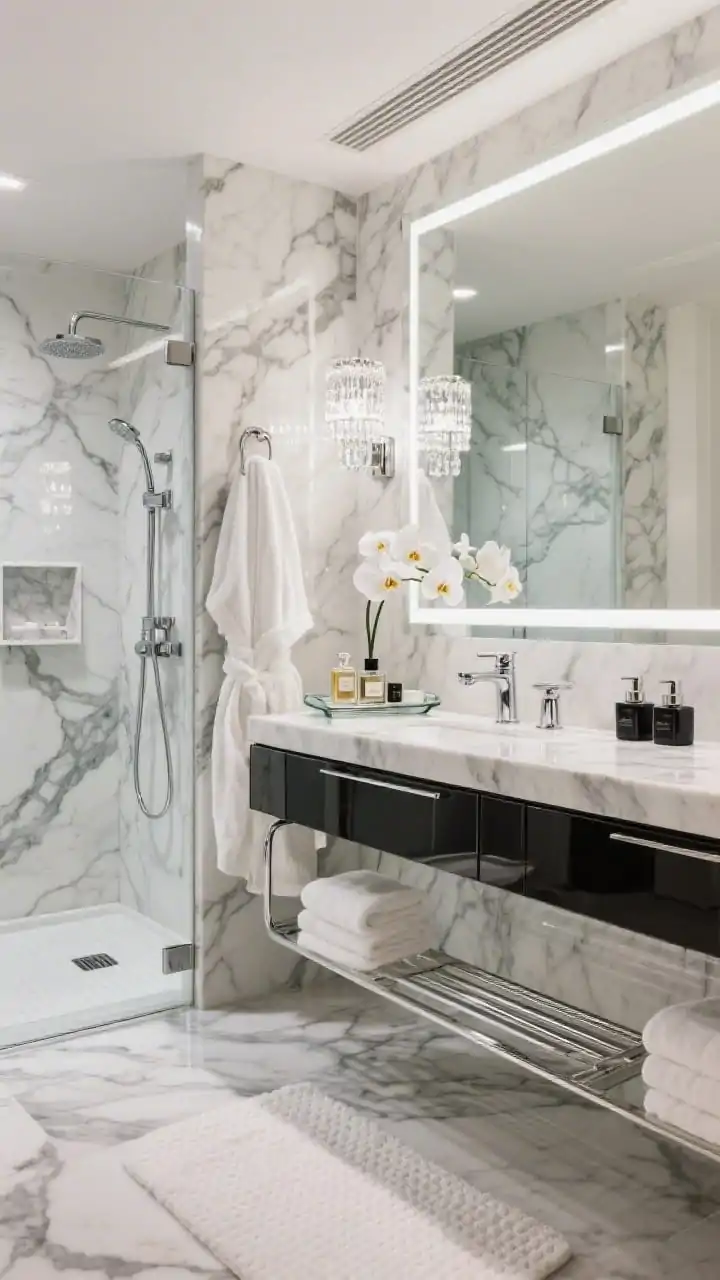 Photorealistic glamorous wide shot, hotel-inspired: large-format marble-look porcelain on walls and floors with bold veining, a floating glossy lacquer vanity with a thin-edge marble counter, polished chrome fixtures, a heated towel rail, and a backlit anti-fog mirror. Frameless glass shower with a linear drain and a built-in shampoo niche featuring a marble shelf. Crystal-inspired sconces or a petite micro-chandelier for sparkle. Plush white towels, hotel-style bath mat, a waffle robe on a chrome hook, a glass tray with perfume bottles, a white orchid, and sleek black soap dispensers. Bright, luxe, reflective lighting.