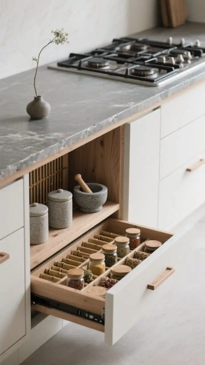 Photorealistic low-angle medium shot of a Japandi kitchen base cabinet under the cooktop featuring a tansu-style toe-kick spice drawer sliding out with integrated finger pulls; inside, custom bamboo dividers cradle spice jars horizontally with a tiny mortar and pestle; rift-sawn white oak cabinets, soapstone counters, and a serene, monochrome palette of oak, soft graphite, and bone white; soft-close runners implied; stoneware canisters and a single ikebana stem minimal on the counter; calm, diffused lighting.