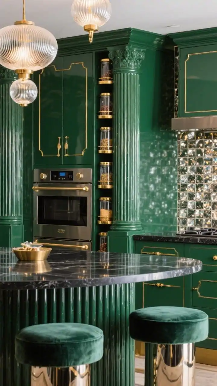 Photorealistic medium closeup of Art Deco fluted column panels on either side of a range, one pressed open to slide out a vertical spice tower; glass-front canisters with brass rails gleam; emerald lacquer cabinetry with brass inlay and a glossy black stone island reflect globe pendants and ribbed glass lighting; fan-shaped shimmering backsplash tiles visible; extras: velvet bar stools and smoked-mirror toe kick catching highlights; palette of emerald, onyx, bright brass; glamorous, crisp lighting with soft reflections.