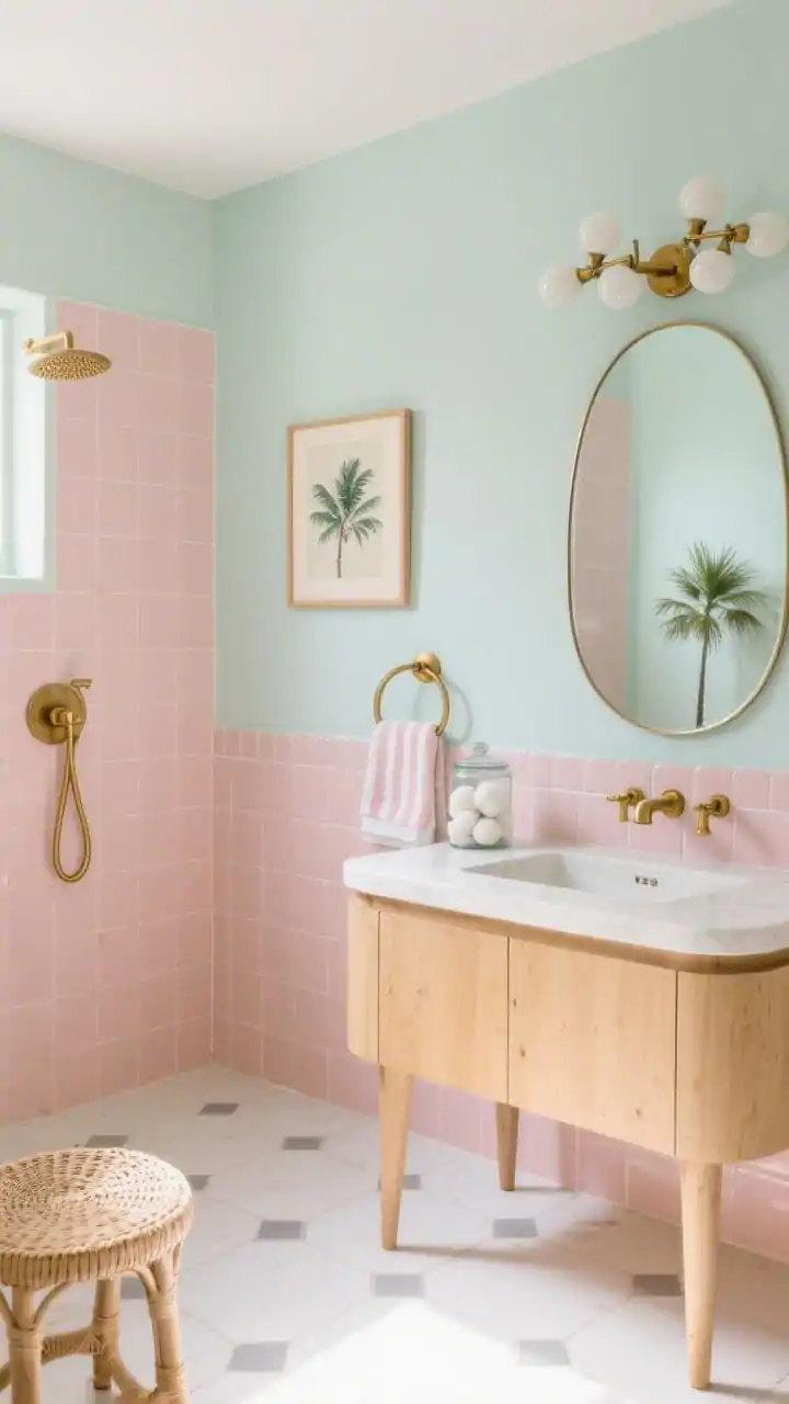 Photorealistic medium corner shot capturing Palm Springs pastel vibes: blush pink square-tile shower, soft mint-painted walls, light oak vanity on tapered legs, brushed brass arched faucet, brass towel hooks, petite brass globe sconce cluster over a rounded-rectangle mirror; white hex tile flooring with subtle gray grout; decor includes vintage palm print artwork, a glass canister with cotton rounds, pastel-striped bath linens, and a light rattan stool; warm sunny lighting with gentle brass sparkle.