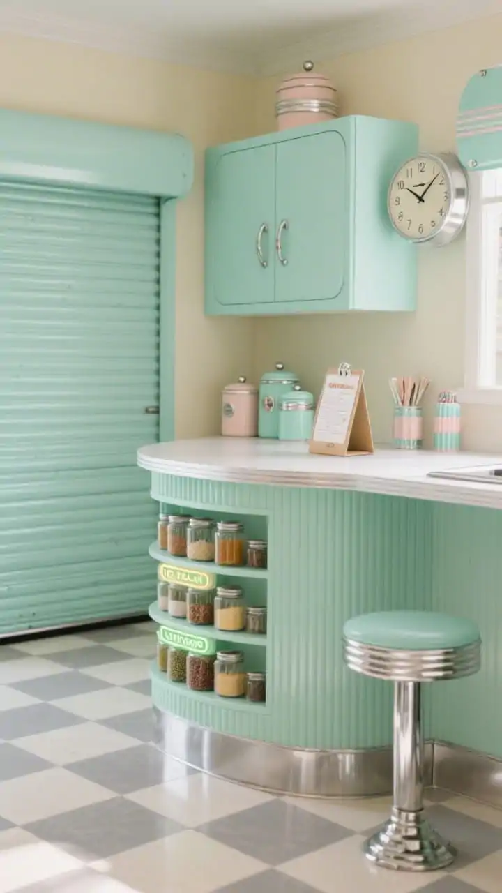 Photorealistic medium corner shot of a Retro pastel kitchen counter featuring a curved mint-green tambour garage partially rolled up to expose tiered spice steps with neon-label jars and a flip-out recipe card holder; surrounding elements include mint cabinets with polished chrome pulls, rounded edges, pastel canisters, a vintage clock, and diner stools; soft gray and cream checkered floor visible; palette of mint, buttercream, chrome; gentle, even daylight with subtle reflections on chrome.