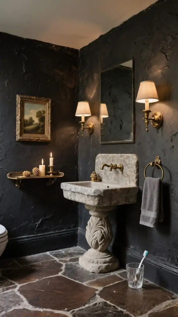 Photorealistic medium corner shot of an “Old-World Charcoal” bath: deep charcoal plastered walls with mottled texture, a carved stone pedestal sink (limestone/soapstone) as the focal point. Aged brass sconces with linen shades cast candle-warm light; a tiny picture light illuminates a vintage oil painting. Tumbled travertine floor in dark walnut tones. Accessories: beeswax candles, a bronze tray, heirloom-style hooks with a towel, and a lead glass tumbler as a toothbrush cup. Timeworn, European-inn ambience.