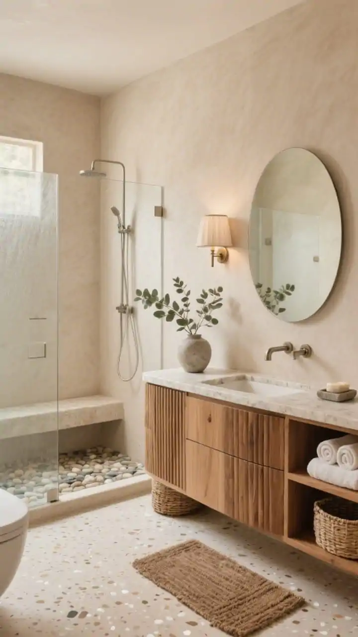 Photorealistic medium corner view of a spa-serene bathroom in soft neutrals: sand-colored microcement walls, warm oak fluted-front vanity with a stone-look quartz counter, brushed nickel fixtures, a rounded-corner mirror above, and a wall-mounted sconce with linen shade providing gentle light. Beige terrazzo flooring with tiny white and tan flecks. Clear glass shower with built-in bench and pebble tile floor, rolled towels in open shelves, a teak bath mat by the shower, eucalyptus stems in a vase, a stone soap dish, and woven baskets. Calm, diffused spa lighting.
