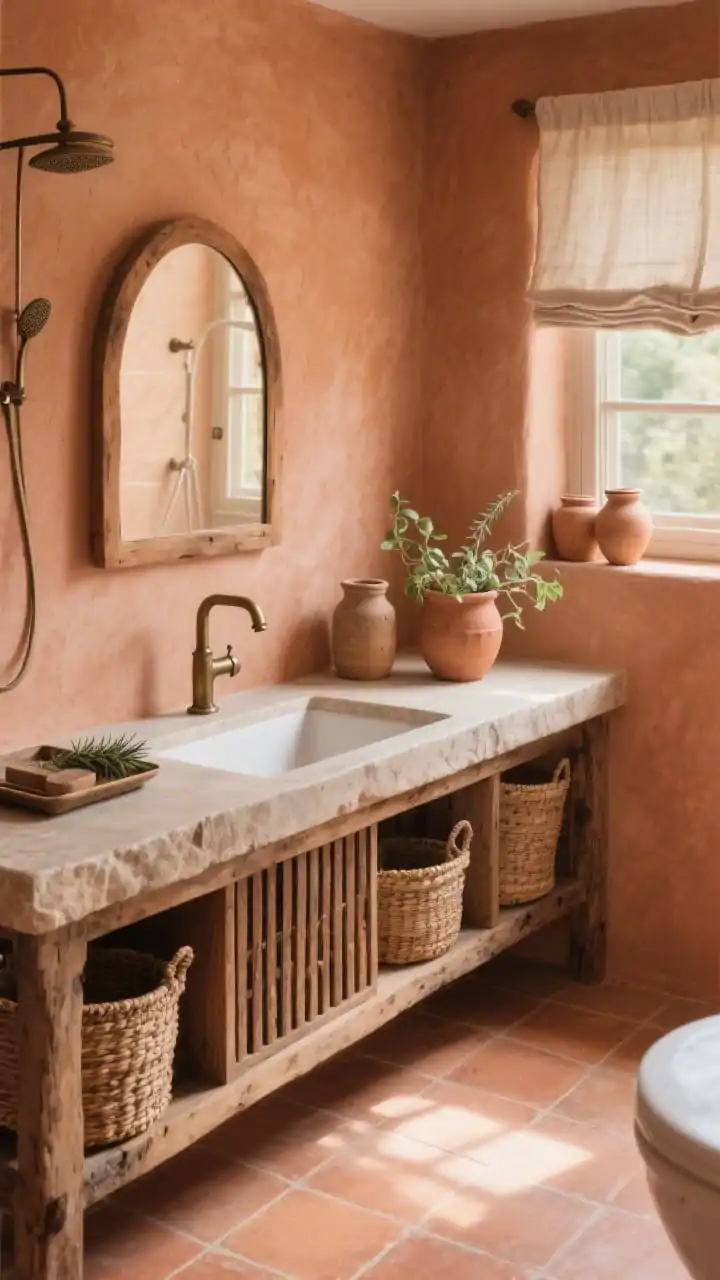 Photorealistic medium corner view of an earthy terracotta bathroom: soft clay-terracotta painted walls with Roman clay/microcement texture in the shower area for depth. Aged bronze faucet over a wide rectangular sink set into a stone-look counter atop a reclaimed wood console vanity with a slatted shelf holding woven baskets. Matte terracotta-look porcelain floor tiles. An arched wood-framed mirror above the sink, a linen café curtain on the window, pottery canisters and a vintage tray for storage, and a clay pot with pothos or rosemary. Warm, sunlit ambiance.