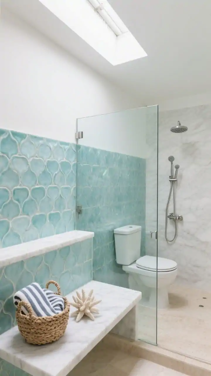 Photorealistic medium shot capturing a coastal light shower: hand-pressed glazed aqua Zellige tiles shimmering on the shower walls, a cloud-white quartz bench running wall-to-wall, and a frameless glass panel. A half-height pony wall topped with matching quartz discreetly tucks the toilet behind it and hosts a brushed nickel hand shower. Styling: woven basket, crisp striped towels, and a small resin coral sculpture on the bench. Color palette: sea-glass aqua, cloud white, brushed nickel, sandy beige. Natural skylight tube glow or high window light, no people.
