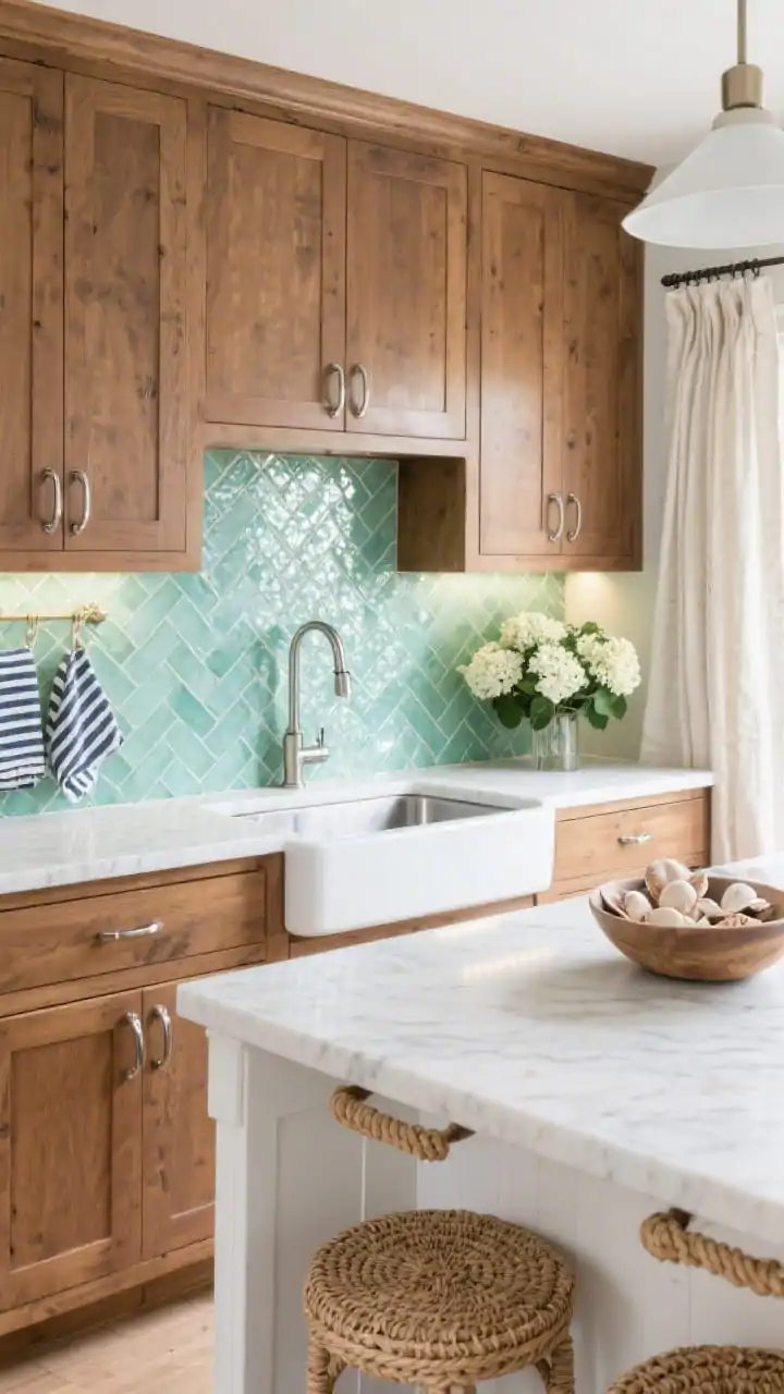 Photorealistic medium shot, coastal transitional sink wall: medium chestnut shaker cabinets with polished chrome hardware, shimmering sea-glass green herringbone backsplash sparkling under under-cabinet LEDs, bright white quartz counters, undermount stainless sink, woven seagrass stools partially visible at island, white oak shelf with subtle marine rope brackets, bowl of shells and linen cafe curtains, navy-striped dish towels and fresh hydrangeas; crisp, breezy daylight.