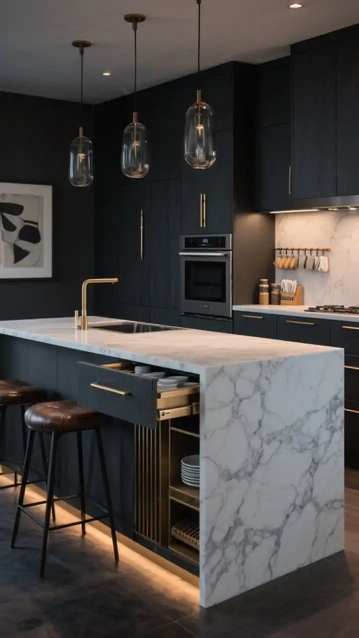 Photorealistic medium shot focused on a dramatic modern island: charcoal cabinetry, veined white quartz waterfall counter, and brushed brass accents. Show the chef’s side with deep, full-extension drawers pulled out to reveal vertical pan and lid storage with adjustable dividers and a peg system for dishes; on the far seating side, hint at hidden drawers for placemats and napkins. Include a slim pull-out spice rack by the range slightly open, and a microwave drawer flush with cabinetry. Smoked glass pendants above, leather counter stools, framed abstract print on the back wall, and subtle warm LED toe-kick lighting. Low, moody evening lighting, corner angle.