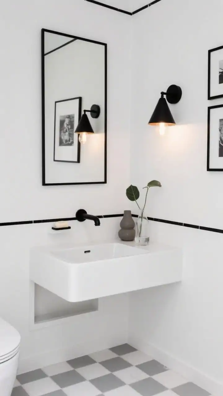 Photorealistic medium shot from a corner angle of a monochrome graphic mini bath: matte porcelain white walls traced with crisp black lines skinny black-framed mirror, matte black faucet, minimal black towel bar. Small-format checkerboard floor in ivory and soft charcoal. Wall-hung glossy white vanity with a shallow trough sink reflecting light. Recessed niche with black edge trim holding soaps. Two petite black-and-white prints stacked vertically. Tiny black cone sconce with warm bulbs. One sculptural ceramic and a single leafy stem in a clear bud vase. High contrast, gallery-clean vibe.