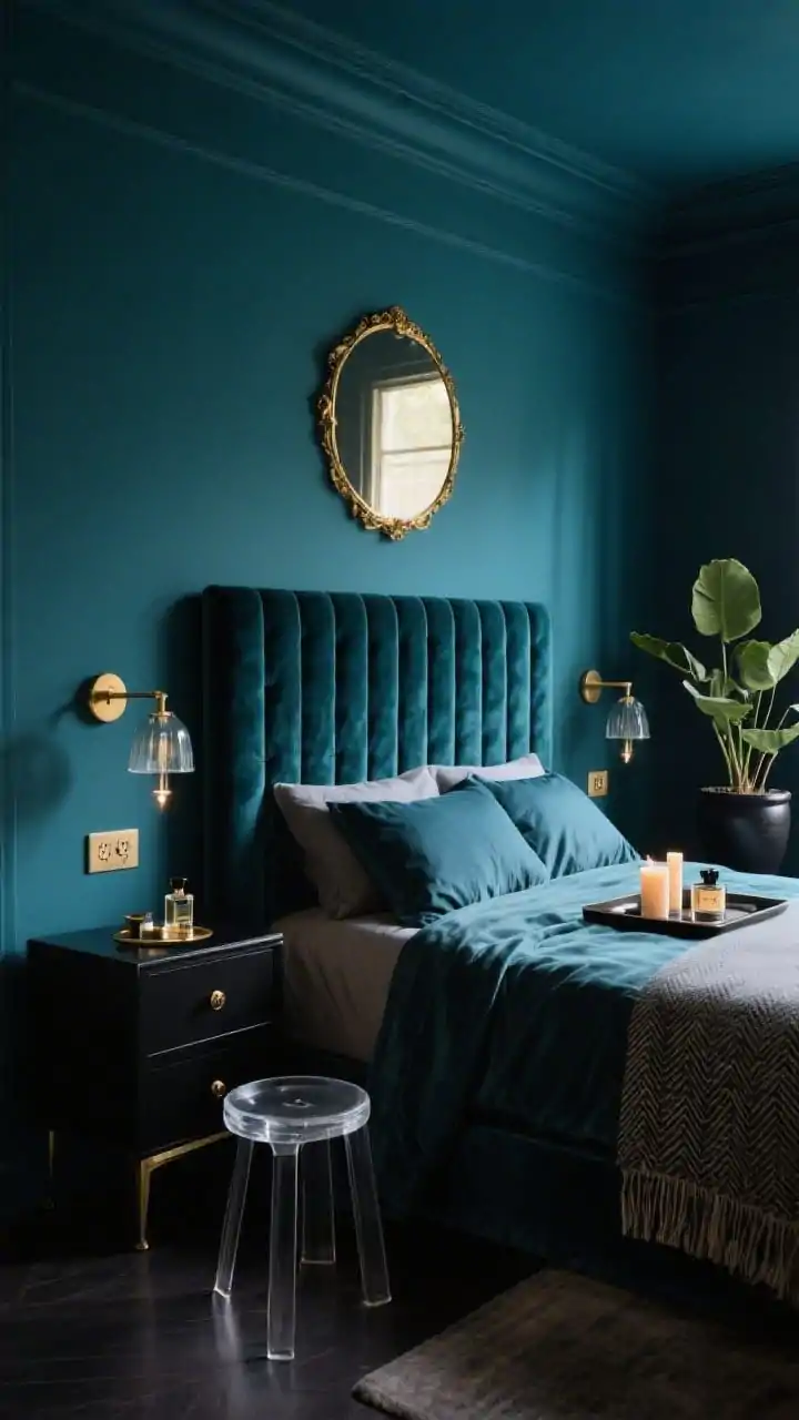 Photorealistic medium shot from a corner angle of a “Moody Jewel Box” bedroom painted in midnight teal (walls and trim matched), low, cinematic lighting: velvet channel-tufted headboard as focal point; narrow black nightstands with brass hardware; plug-in sconces with brass arms flanking the bed; smoked-glass table lamp softly glowing; petite lucite stool near the foot to keep the look light; round antique-gold mirror reflecting dim light; bed dressed in velvet and sateen sheets with a wool herringbone throw; a sleek tray with candles and perfumes; one lush plant in a matte black pot; intimate, luxe mood.