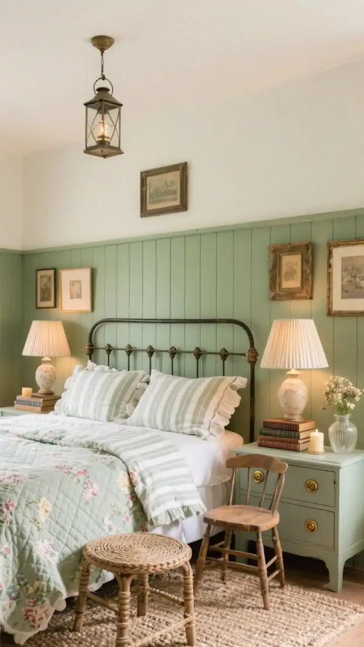 Photorealistic medium shot from a slight side angle of a “Modern Cottage” bedroom: vertical beadboard paneling halfway up the wall painted sage green, creamy white above; wrought-iron bed frame with floral or ticking-stripe bedding; compact dresser with antique-look brass knobs; mismatched vintage frames arranged casually for character; pleated fabric lampshades on bedside lamps with a warm glow and a petite lantern pendant overhead; quilted coverlet, ruffled pillow shams, braided rug underfoot; a tiny windsor chair as a catchall; nightstand styled with a stack of classic novels, a ceramic candle, and a small posy in a milk-glass vase; cozy yet polished vibe.