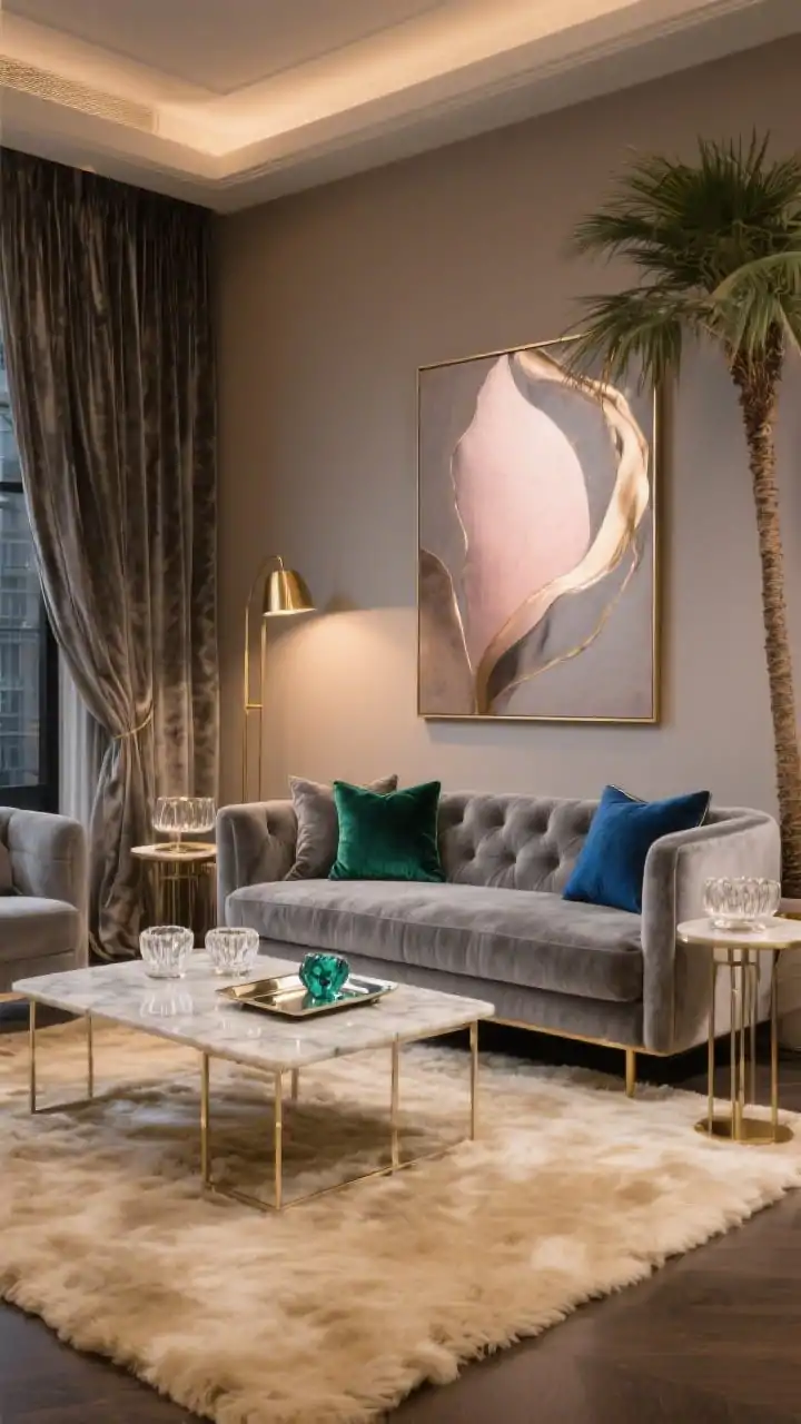 Photorealistic medium shot, Glam Urban Luxe: a smoke-grey velvet couch with a luminous sheen; marble-top coffee table centered on a plush high-pile rug in warm cream; walls in taupe/greige; brushed brass accents including a floor lamp, nesting side tables, and a thin metal picture frame; jewel-toned pillows in emerald and sapphire on the sofa; oversized art in muted metallics/soft abstract blushes; crystal coasters on a mirrored tray; velvet drapes framing the scene; tall palm in the corner for height and drama; warm, luxurious evening lighting with soft highlights, no people.