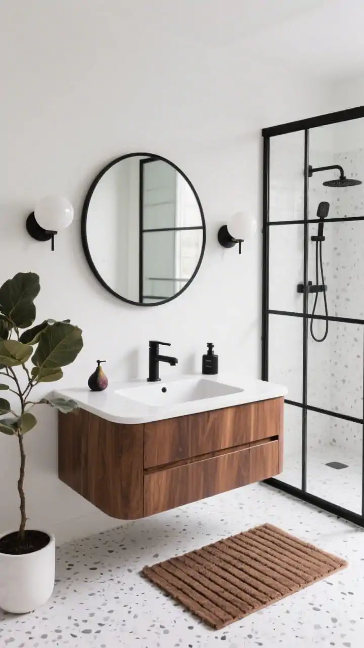 Photorealistic medium shot, Mid-Century Mod with walnut warmth: large white terrazzo floor tiles with subtle gray flecks; walnut floating vanity with rounded corners and finger pulls, slim white countertop and under-mount sink; round black mirror centered; pair of globe sconces with black bases flanking the mirror; black-framed glass shower partition with thin mullions; matte black widespread faucet with clean angles; accents: slatted walnut bath mat, black soap pump, fig tree in a white pot; crisp, tailored lighting with gentle contrast.