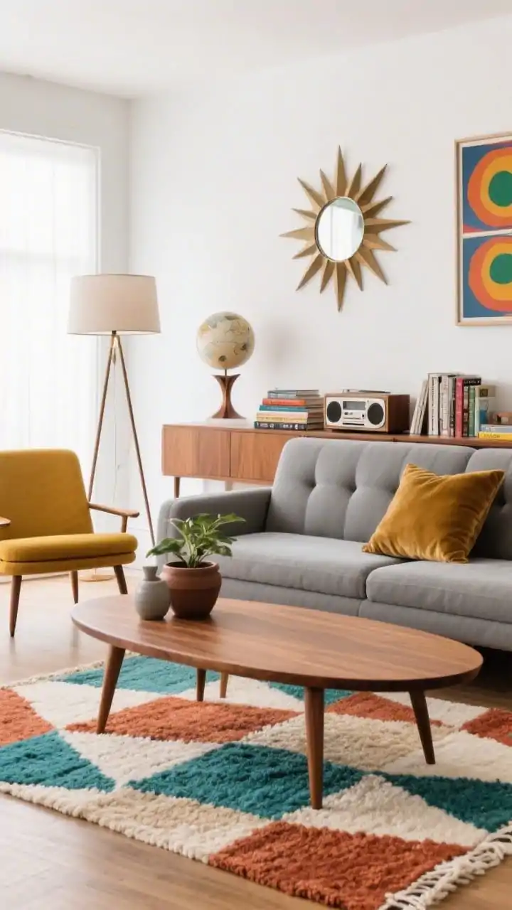 Photorealistic medium shot, Mid-Century Modern with a Playful Twist: a medium-grey tufted sofa with tapered walnut legs; a kidney-shaped wood coffee table in front; geometric flatweave rug featuring rust, teal, and cream; crisp white walls with a starburst mirror and two colorful abstract prints; a mustard accent chair and a globe floor lamp completing the retro silhouette; textures include velvet pillows, smooth walnut, and matte ceramic planters; stacked books, a vintage-style radio, and a sculptural table lamp on a side surface; balanced daylight, playful MCM energy, no people.
