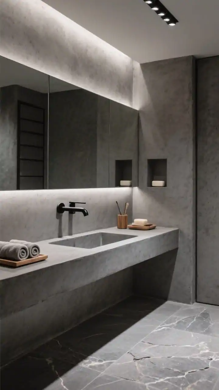 Photorealistic medium shot of a “Graphite Spa” bathroom featuring continuous graphite microcement walls and integrated vanity with a trough sink; wall-mounted black faucet for a streamlined look. A softly glowing backlit mirror, and a recessed niche lined in the same microcement holding minimalist soaps. Large-format stone-look porcelain flooring, nearly seamless. Teak bath accessories and neatly rolled towels add warmth. Low, dimmable downlight above the vanity setting a serene spa ambiance.