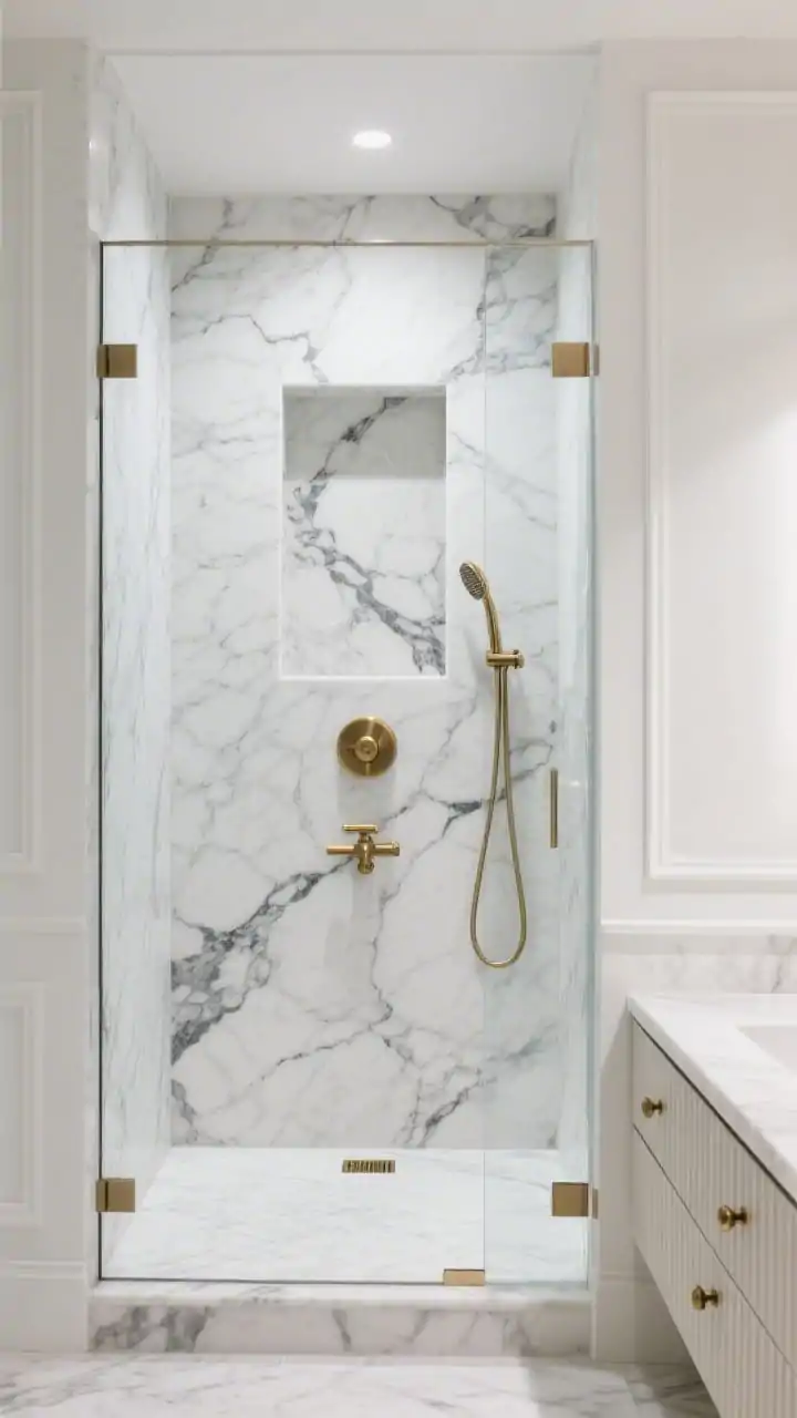 Photorealistic medium shot of a hotel-chic shower featuring large-format white marble-look porcelain slabs with bold charcoal veining, minimal grout lines, and a floor-to-ceiling glass door with a low-profile threshold. Brushed brass fixtures: exposed thermostatic valve, sleek hand shower, and matching brass drain cover. Centered on the back wall, a full-height marble niche aligned with the slab veining. Include a glimpse of a narrow floating vanity with fluted drawer fronts and brass pulls. Crisp white trim. Bright, refined lighting, no people.