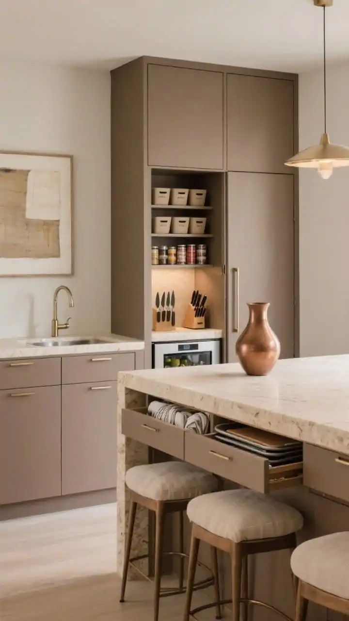 Photorealistic medium shot of a minimal luxe setup: flat-front warm taupe cabinetry blending into walls, a continuous creamy stone countertop. Pocket doors are open to reveal a slide-out butler’s pantry with a secondary sink, wine fridge, and floor-to-ceiling shelving holding labeled entertaining bins, a built-in knife block, and narrow shelves perfectly sized for cans and spices. In the main space, toe-kick drawers are slightly open to show baking sheets and table linens. Soft bronze accents, a sculptural vase, a single oversized art piece, linen barstools. Gentle, even ambient lighting, refined mood, straight-on perspective.