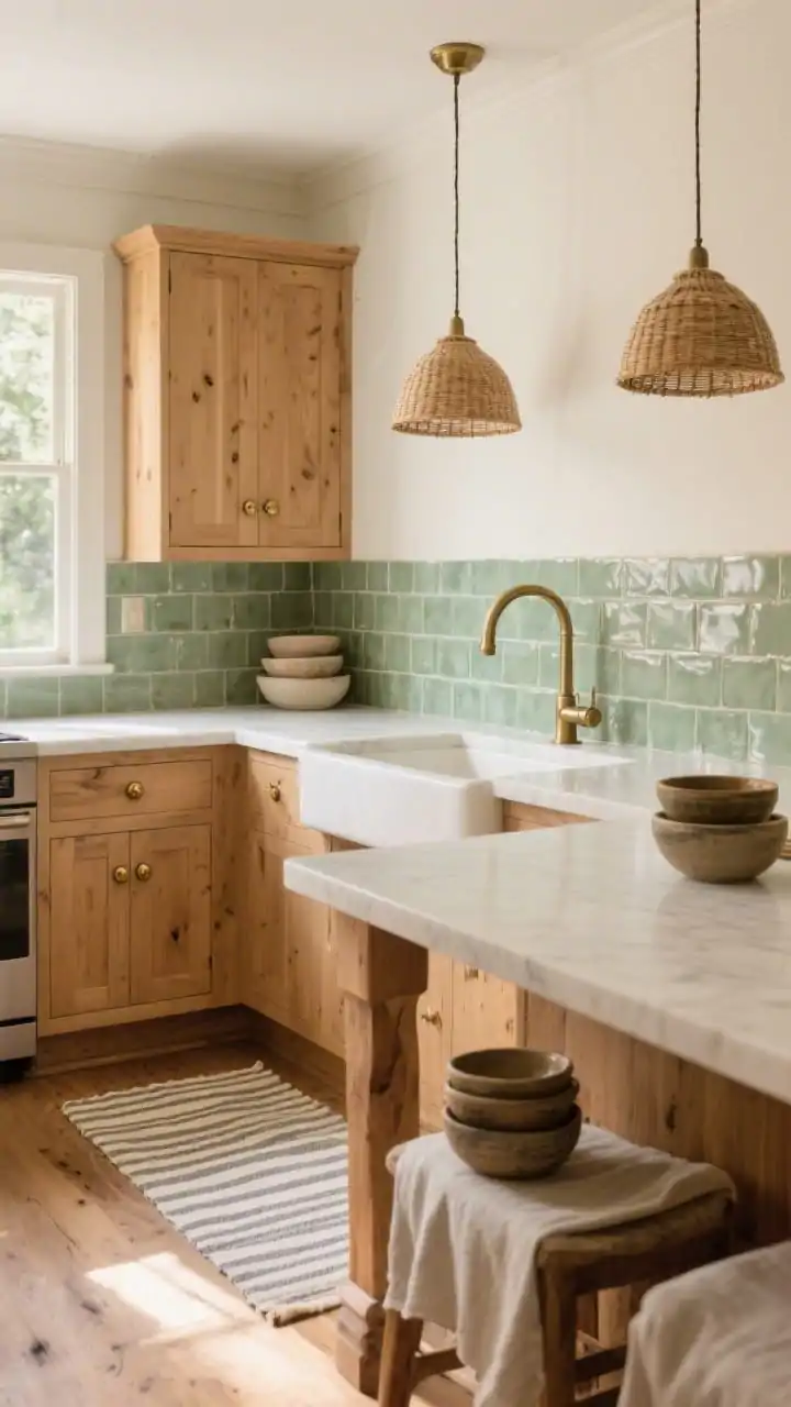 Photorealistic medium shot of a modern cottage kitchen corner: honey-toned oak shaker cabinets with aged brass knobs and cup pulls, softly variegated sage green zellige tile backsplash catching natural light like water, creamy quartz counters, matte brass bridge faucet, rattan pendants over a chunky white oak island edge in frame, striped runner on natural oak plank flooring, stacked pottery bowls; warm morning light, soft buttermilk and linen white accents.