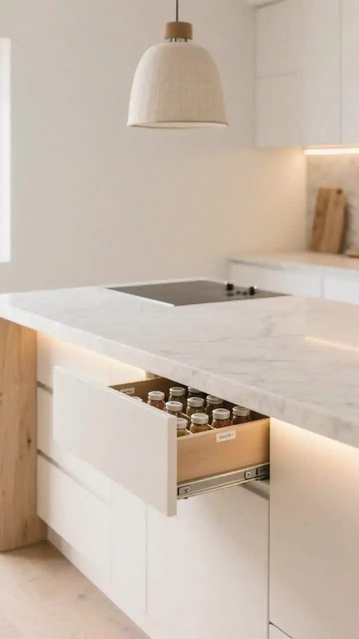 Photorealistic medium shot of a Modern Scandinavian kitchen island end panel in pale oak with matte white flat-front cabinets and creamy quartz counters with soft veining; the concealed shallow spice slab drawer is pressed open to reveal tiered spice slots with neat labels; push-to-open hardware means no visible handles; warm LED under-cabinet strips glow softly and a linen drum pendant hangs above; palette of white, oat beige, pale oak, and brushed stainless; minimalist, airy mood; angle from the island corner to showcase the drawer’s slim profile and seamless panel when closed.