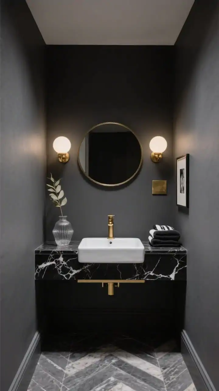 Photorealistic medium shot of a small “Midnight Marble Jewel Box” bathroom: matte charcoal walls, a black marble vanity with bold white veining and a simple rectangular basin, brushed brass faucet, rounded brass mirror centered above the sink, two opal globe sconces casting a soft halo, deep gray herringbone marble floor. Style the counter with a fluted glass vase holding a single leafy stem and a neat stack of black-and-white hand towels; include a tiny art light illuminating a small black-and-white photograph. Low, moody boutique-hotel lighting with warm brass highlights.